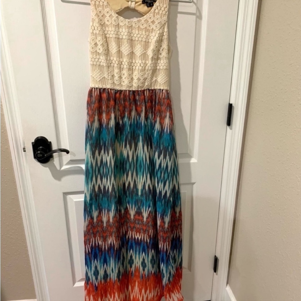 Sequin Hearts Boho Chevron Print and Crochet Lace Sleeveless Maxi Dress